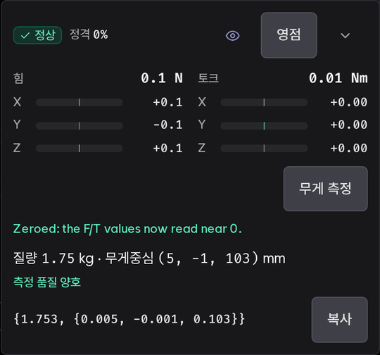 측정을 마친 F/T 카드. 아래에 질량 1.75 kg · 무게중심 (5, -1, 103) mm, 측정 품질 양호, 복사할 값 {1.753, {0.005, -0.001, 0.103}} 과 복사 버튼이 있다.