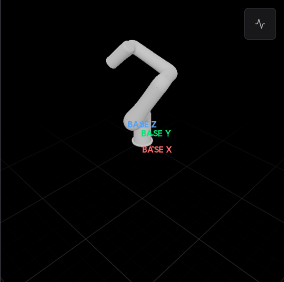3D 뷰. 로봇 모델이 작업 자세로 서 있고, 베이스에 BASE X·Y·Z 축이, 바닥에 격자가 그려져 있고, 오른쪽 위에 관절 상태 보기 버튼이 있다.