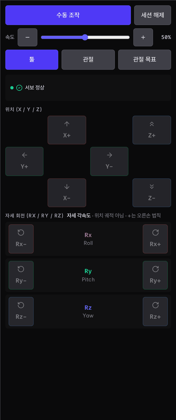 조그 탭의 툴 모드. 위에 수동 조작·세션 해제 버튼, 속도 −·슬라이더·+ 와 50%, 툴·관절·관절 목표 탭, 상태 줄 「서보 정상」, 아래에 위치 (X / Y / Z) 방향 버튼이 있다.