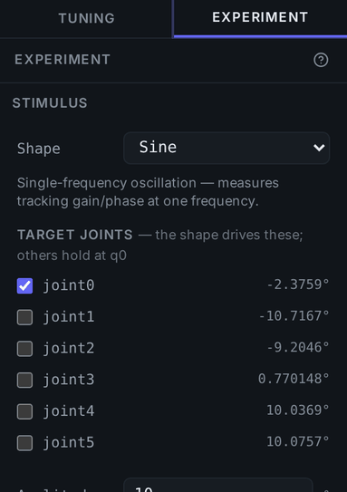Experiment 탭. Shape 드롭다운, 타깃 관절 체크박스 목록과 현재 각도, Amplitude·Period·Cycles 입력란, Speed limit 슬라이더 20 %, Generate · preview, no motion 버튼이 있다.