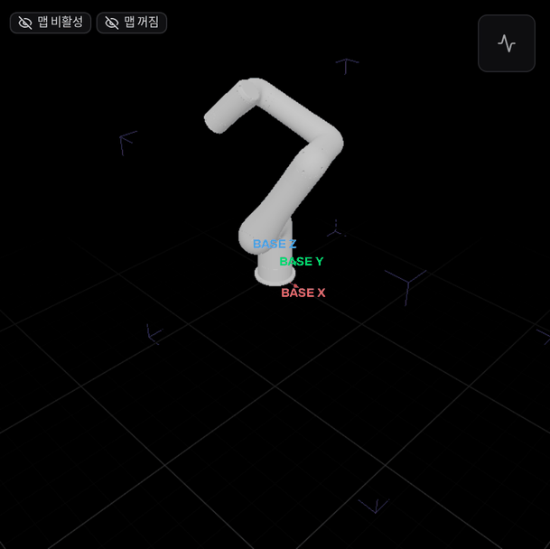 3D 뷰. 로봇 모델이 작업 자세로 서 있고, 베이스에 BASE X·Y·Z 축이, 바닥에 격자가 그려져 있으며, 왼쪽 위에 맵 모드와 스트림 상태 배지 두 개가 있다.